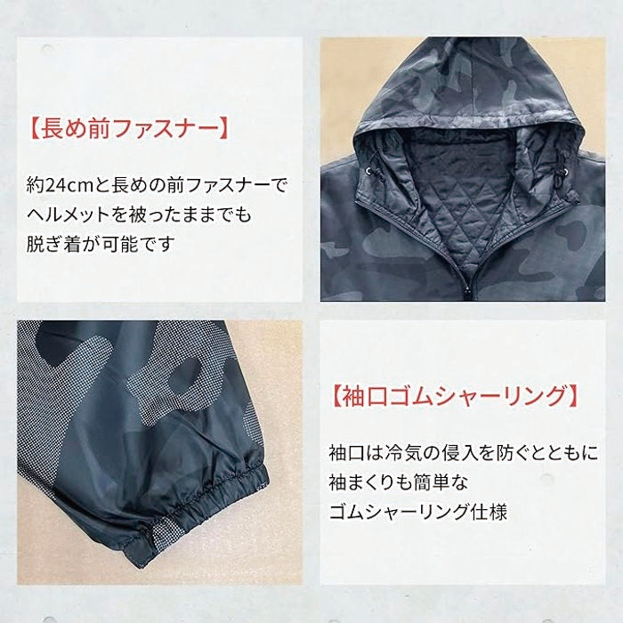 長め前ファスナー、裾口ゴムシャーリング