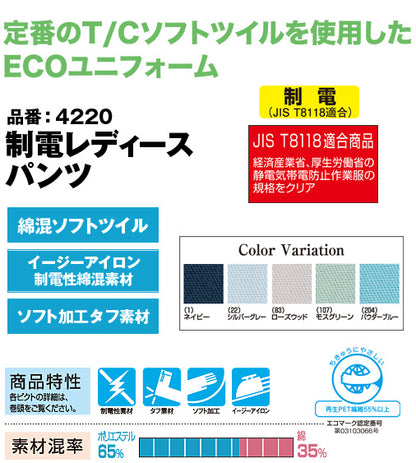 SOWA 4220 桑和 イージーアイロン タフ素材 ソフトツイル 制電レディースパンツ【秋冬用】