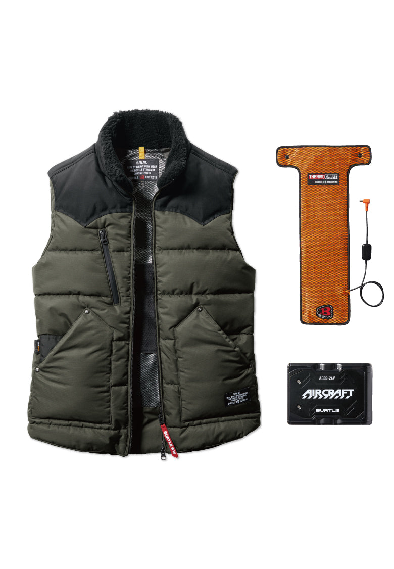 セット内容:TC500 電熱パッド、AC09バッテリー、バートル 5024ベスト- ミルスグリーン