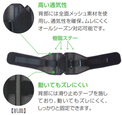 背部の樹脂ステーと幅広い形状で腰をホールド