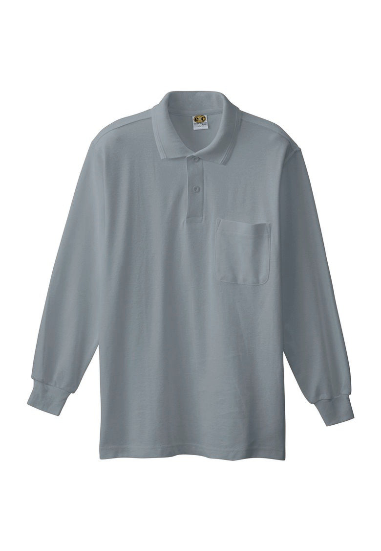 COYSEIO重ね着風グレー長袖ポロシャツ 市松柄長袖ニットポロシャツ