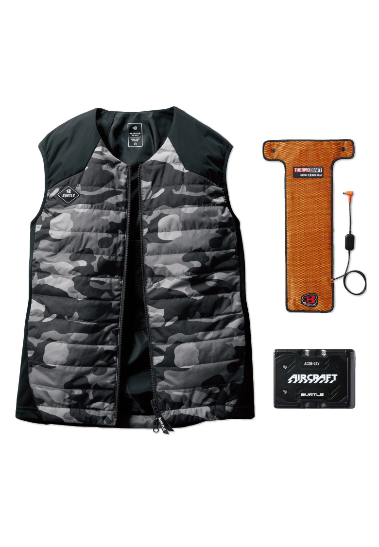 セット内容：TC500 電熱パッド、AC09バッテリー、バートル 3214ベスト-グレイカモ
