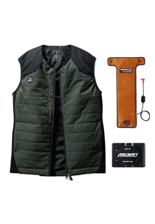 セット内容:TC500 電熱パッド、AC09バッテリー、バートル 3214ベスト-ミルスグリーン