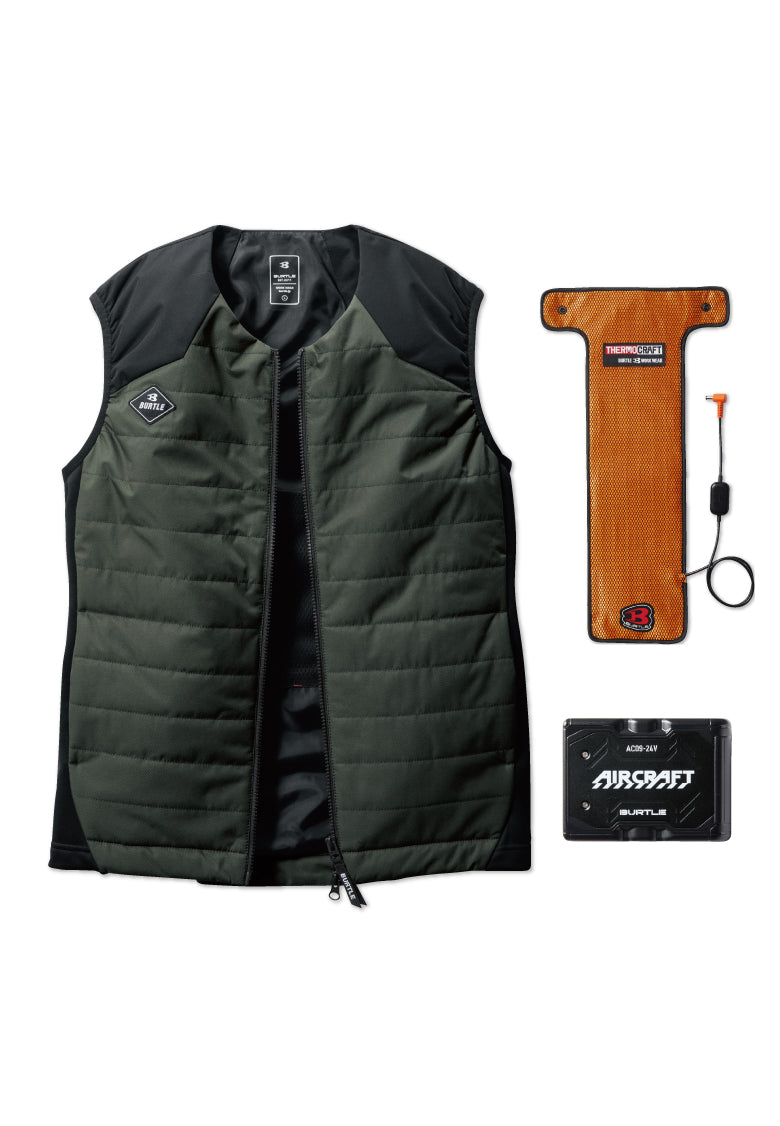 セット内容：TC500 電熱パッド、AC09バッテリー、バートル 3214ベスト-ミルスグリーン