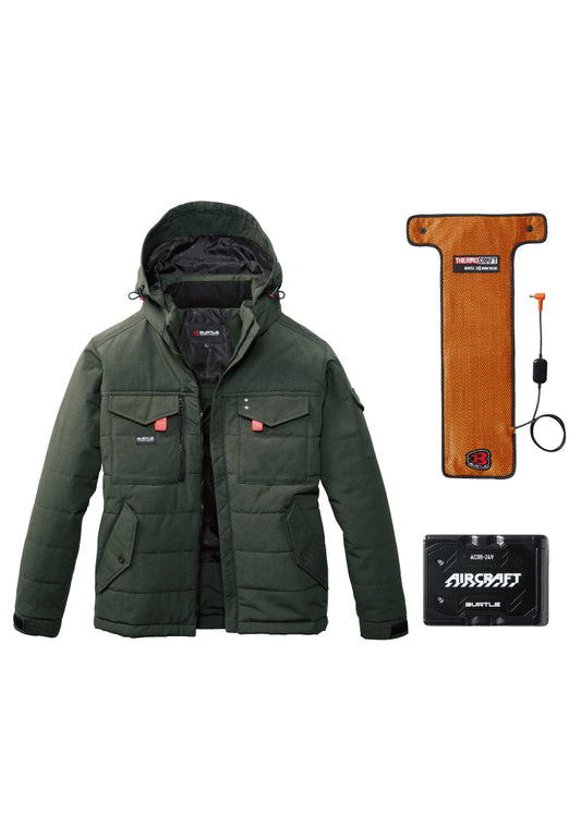 セット内容：TC500 電熱パッド、AC09バッテリー、バートル 5050ジャケット- ミルスグリーン