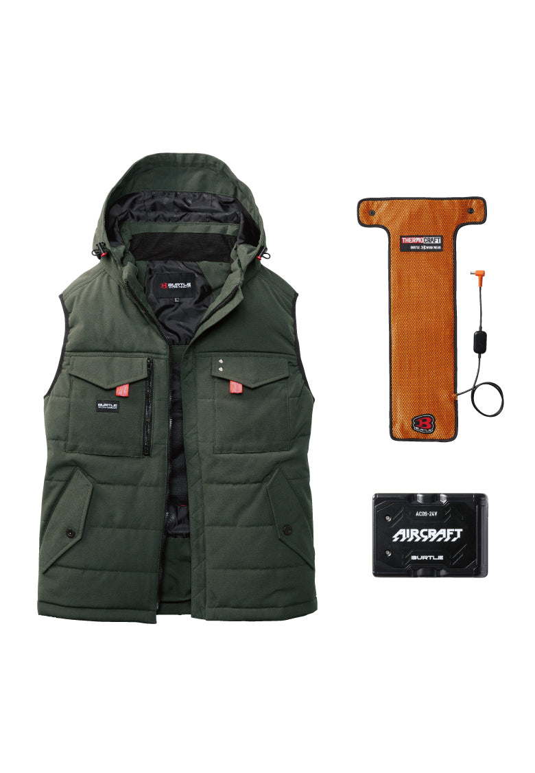 セット内容：TC500 電熱パッド、AC09バッテリー、バートル 5054ベスト- ミルスグリーン