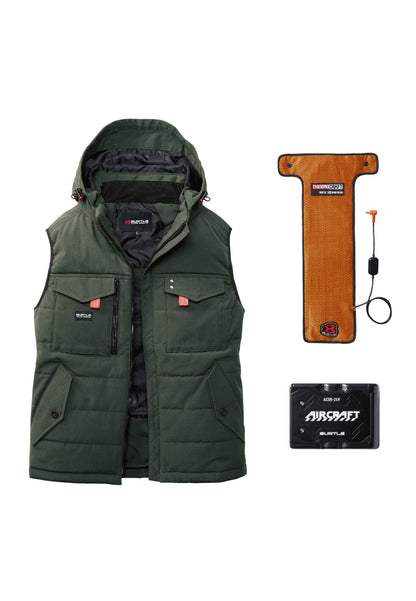 セット内容：TC500 電熱パッド、AC09バッテリー、バートル 5054ベスト- ミルスグリーン