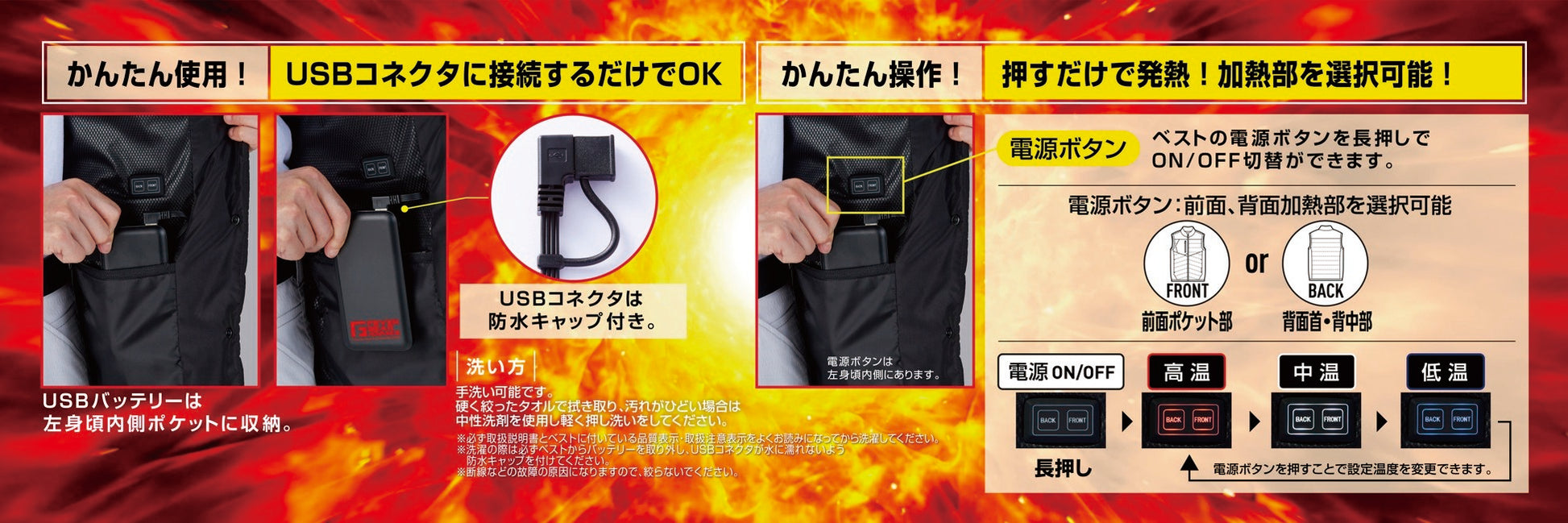 USBコネクタに接続するだけでOK。押すだけで発熱!加熱部を選択可能