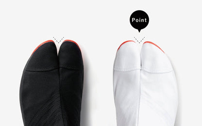 親指と他指を分ける割れ足袋で地面を掴み、安定感と踏ん張り力が向上。祭り・人力車・造園・建築でも愛用。