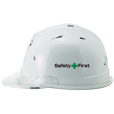 デザイン：SAFETY+FIRST (2色 / 十字付き)、ヘルメットの側面（着左）にプリントした場合※具体的な位置はヘルメットによって異なる場合がございます