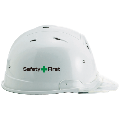 デザイン：SAFETY+FIRST (2色 / 十字付き)、ヘルメットの側面（着右）にプリントした場合※具体的な位置はヘルメットによって異なる場合がございます