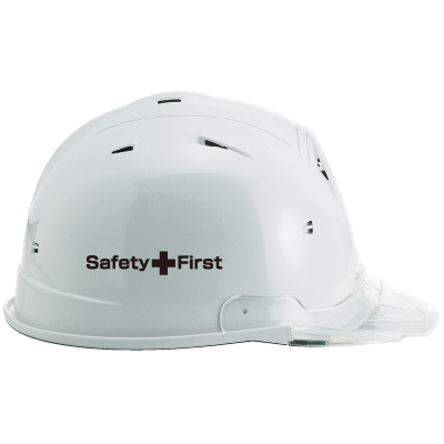 デザイン：SAFETY+FIRST (1色 / 十字付き)、ヘルメットの側面（着右）にプリントした場合※具体的な位置はヘルメットによって異なる場合がございます
