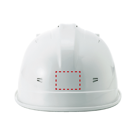 ヘルメットの後ろ（着後）にロゴ印刷ができる位置を示したイメージ図