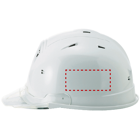 ヘルメットの側面（着左）にロゴ印刷ができる位置を示したイメージ図