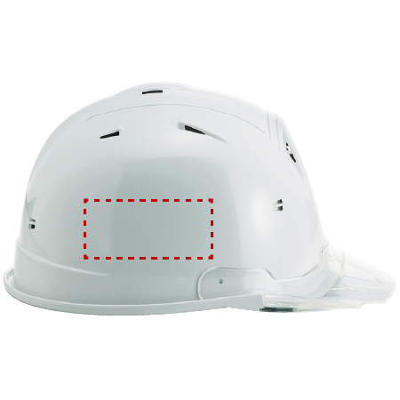 ヘルメットの側面（着右）にロゴ印刷ができる位置を示したイメージ図